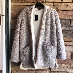 Beige Open Front Hooded Woobie Jacket 